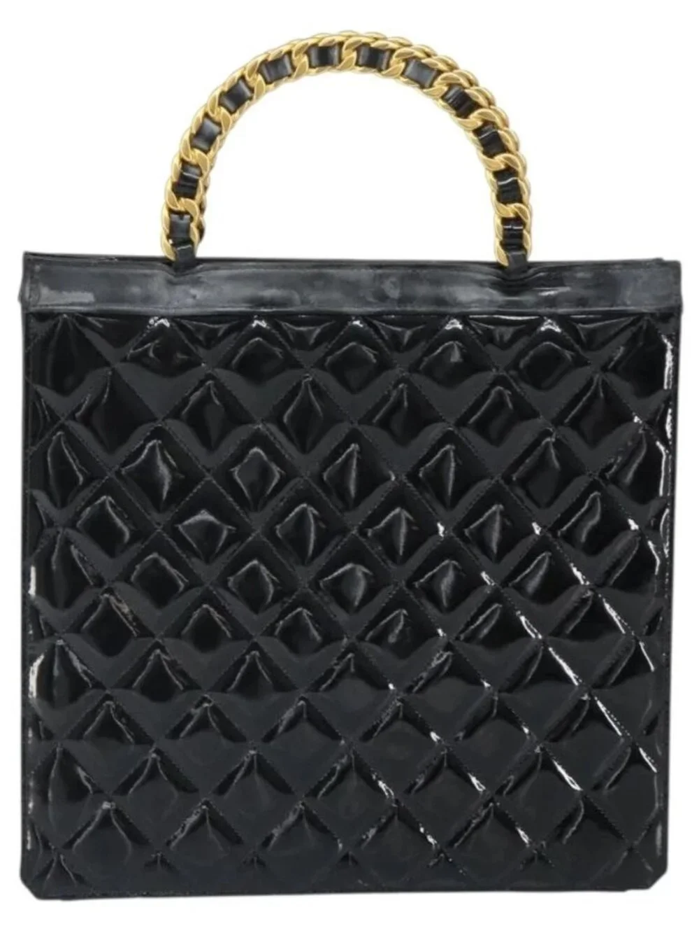 CHANEL Matelasse Hand Bag Patent leather Black Gold CC Auth BA9804